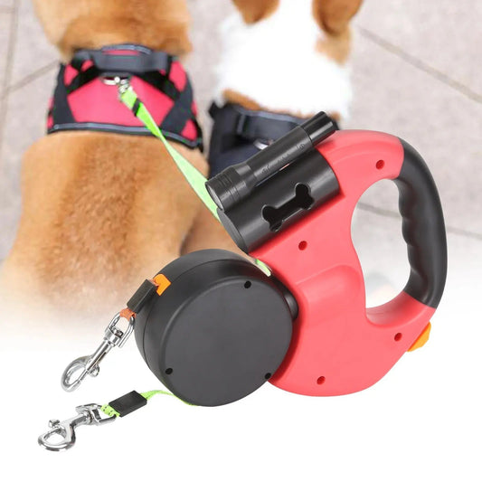 Doppelte Einzieh-Hundeleine mit LED-Taschenlampe – Zwei Hunde gleichzeitig führen Zorenza