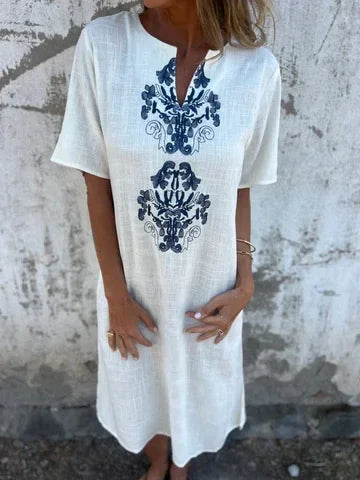 Dora Triglia™ Summer dress with short sleeves and V-shaped print