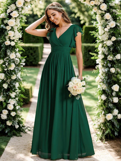 ever LILYANA|Robe demoiselle d'honneur en mousseline manches plissées avec découpe au dos