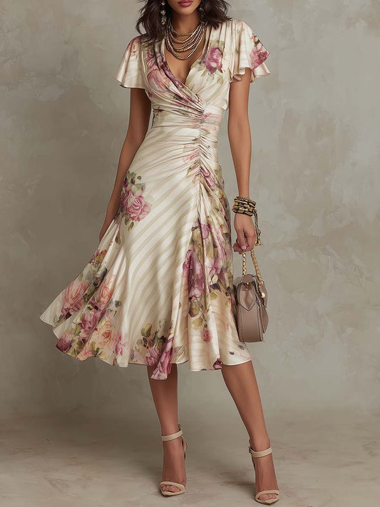 Daxirae™ - Robe Femme Midi Drapée Florale Élégante Pour Sorties Chic