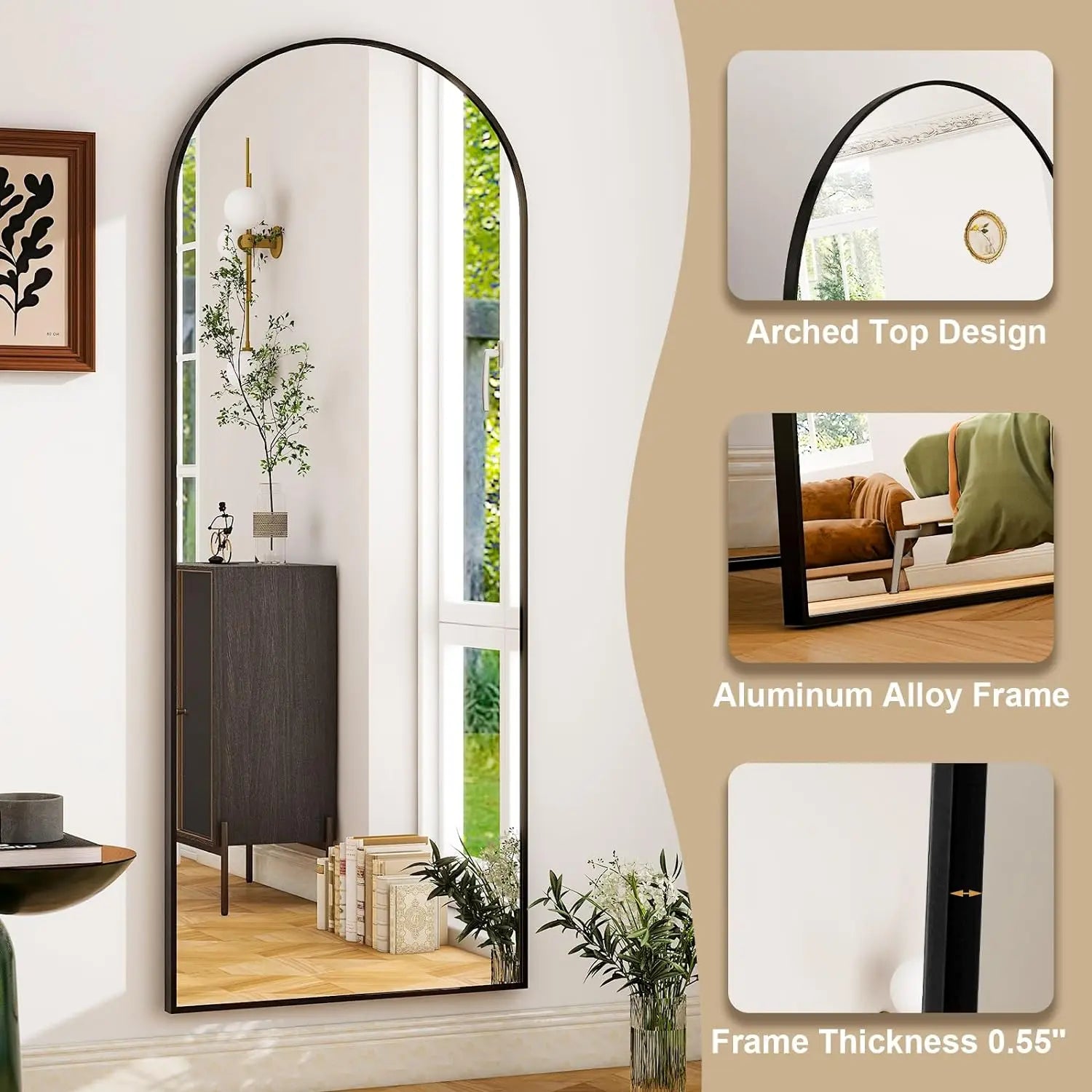 Elegant Full Length Mirror | Arched Aluminum Frame with Versatile Placement for Stylish Room Decor 2