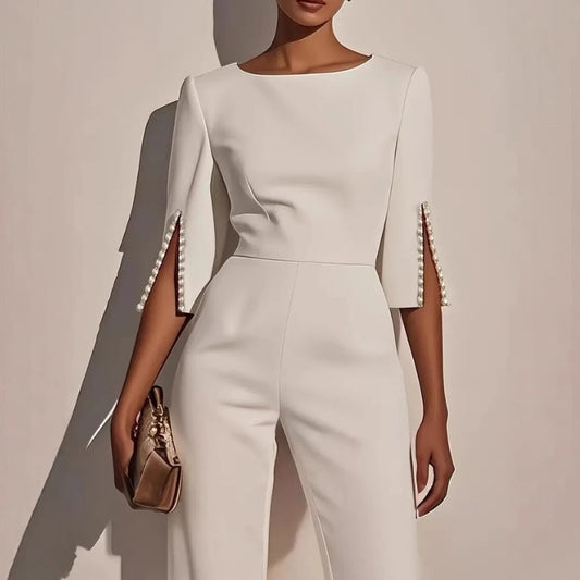 Elegant Pearl Embellished Jumpsuit Women | Tailored Wide Leg, Boat Neck 0