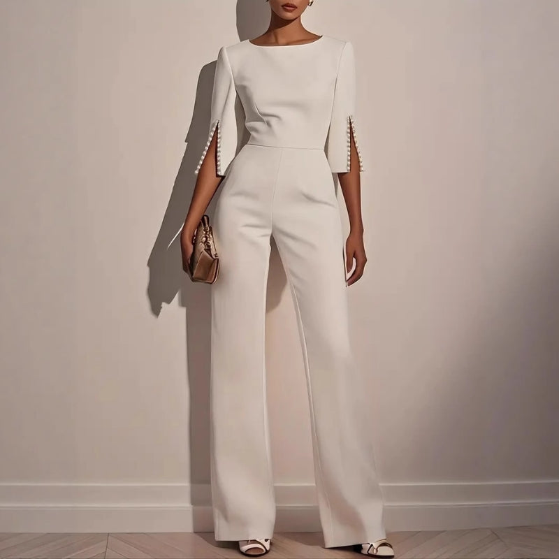 Elegant Pearl Embellished Jumpsuit Women | Tailored Wide Leg, Boat Neck 1