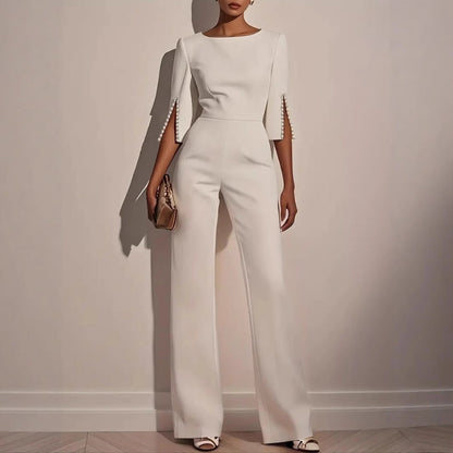Elegant Pearl Embellished Jumpsuit Women | Tailored Wide Leg, Boat Neck 1