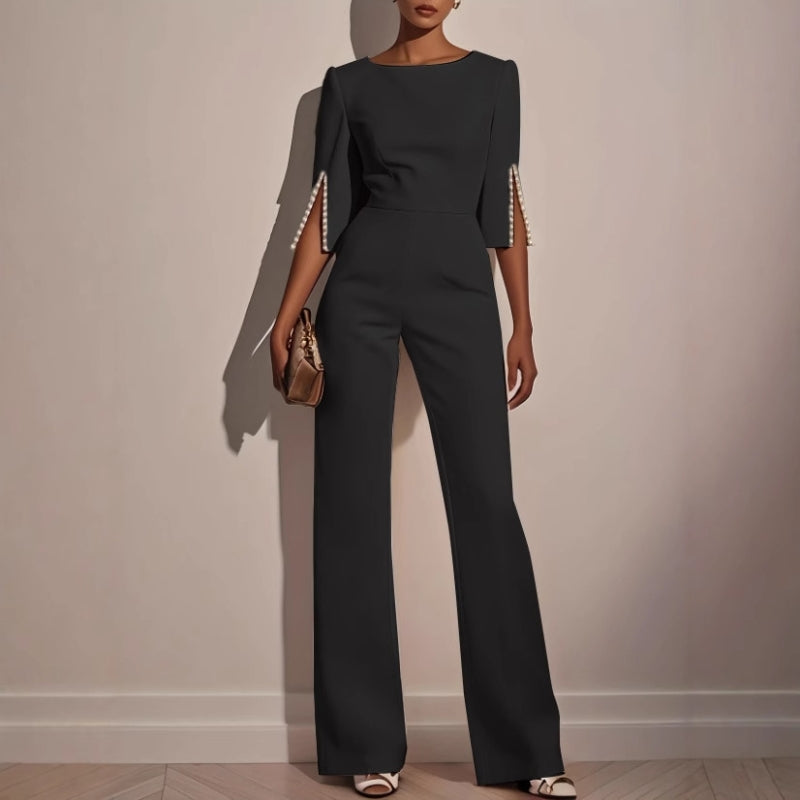 Elegant Pearl Embellished Jumpsuit Women | Tailored Wide Leg, Boat Neck 2