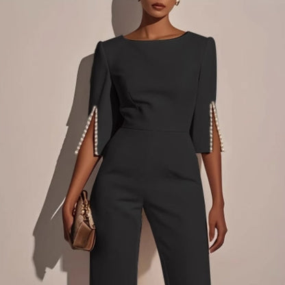 Elegant Pearl Embellished Jumpsuit Women | Tailored Wide Leg, Boat Neck 3