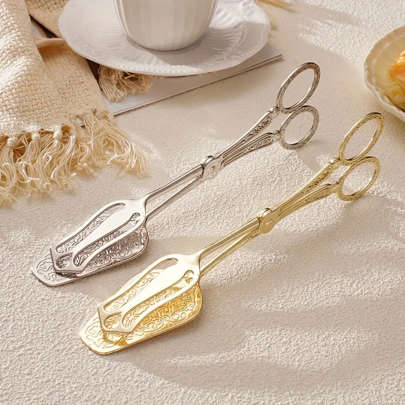 Chic Stainless Steel Salad & Cake Serving Tongs with Vintage Design