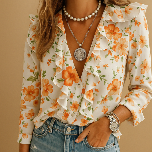 Blouse légère à volants et imprimé papillons | Manches longues
