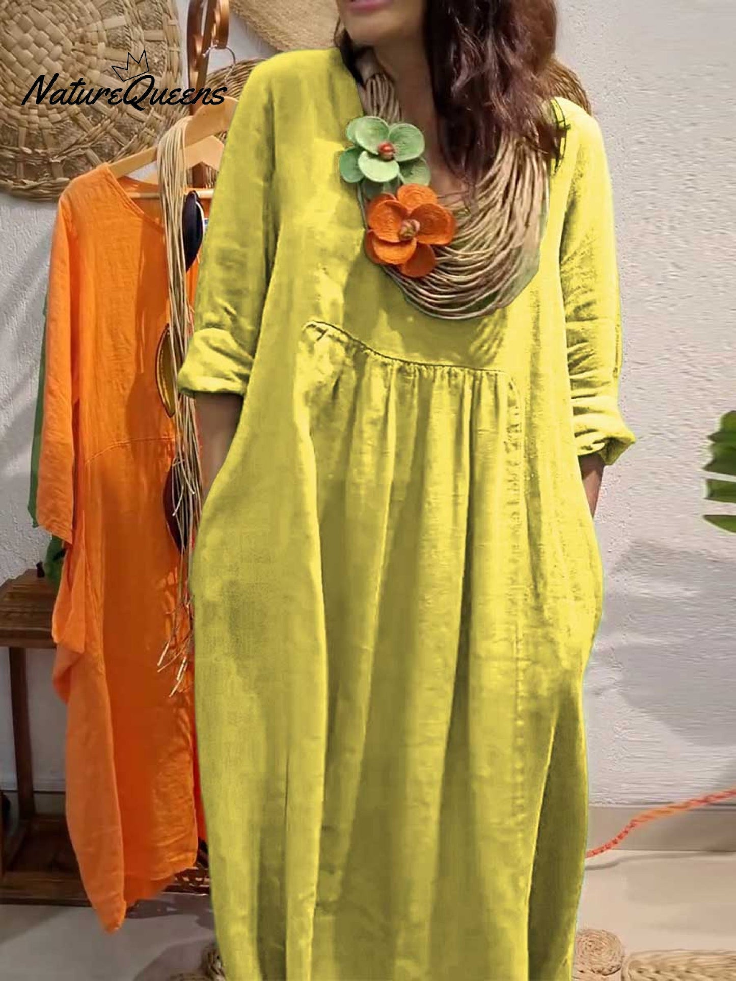 Elegante Kleider Damen | Langes Baumwoll-Leinen Kleid mit V-Ausschnitt | Bequeme Silhouette für Stil und Komfort 1