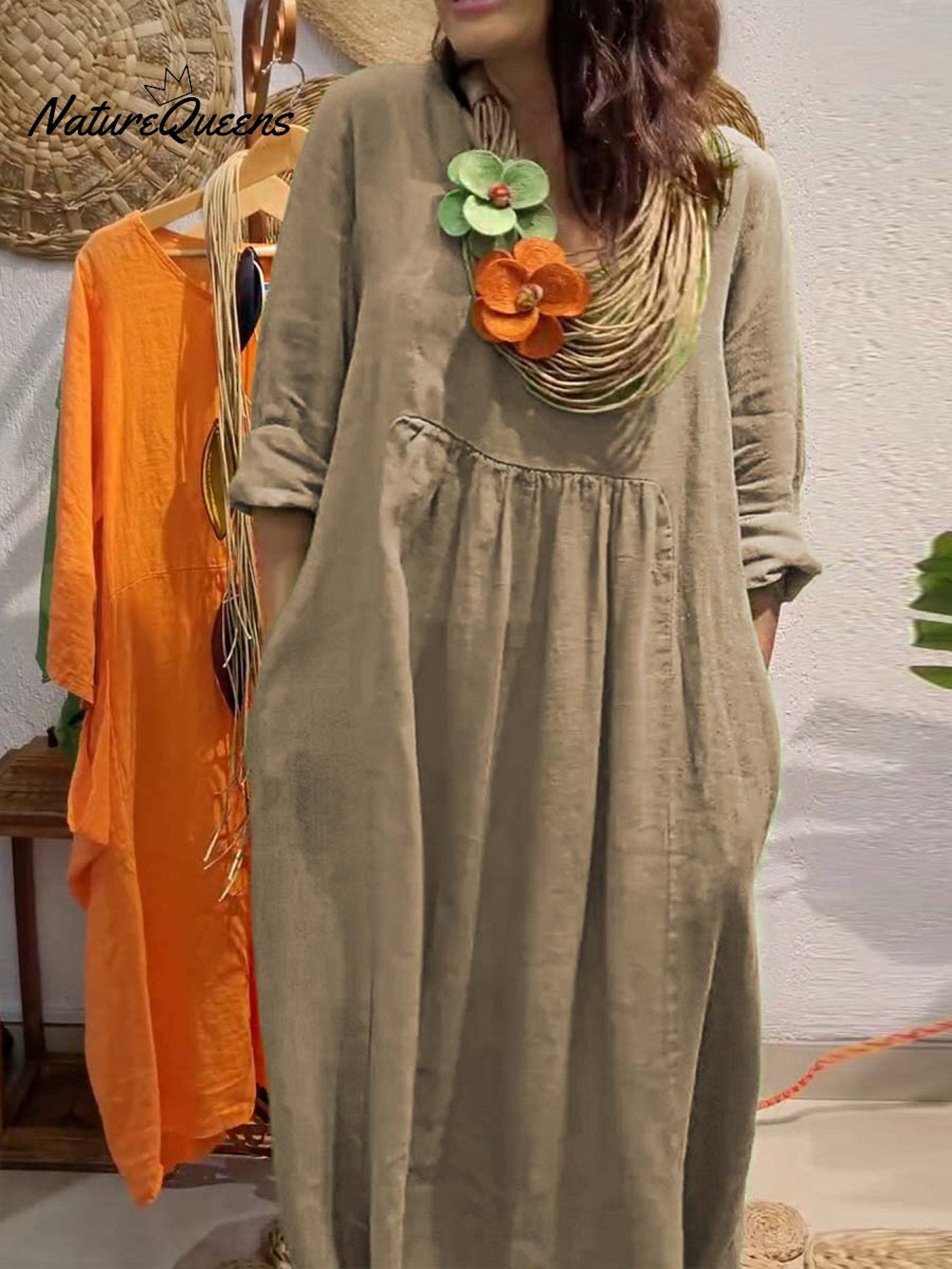 Elegante Kleider Damen | Langes Baumwoll-Leinen Kleid mit V-Ausschnitt | Bequeme Silhouette für Stil und Komfort 3