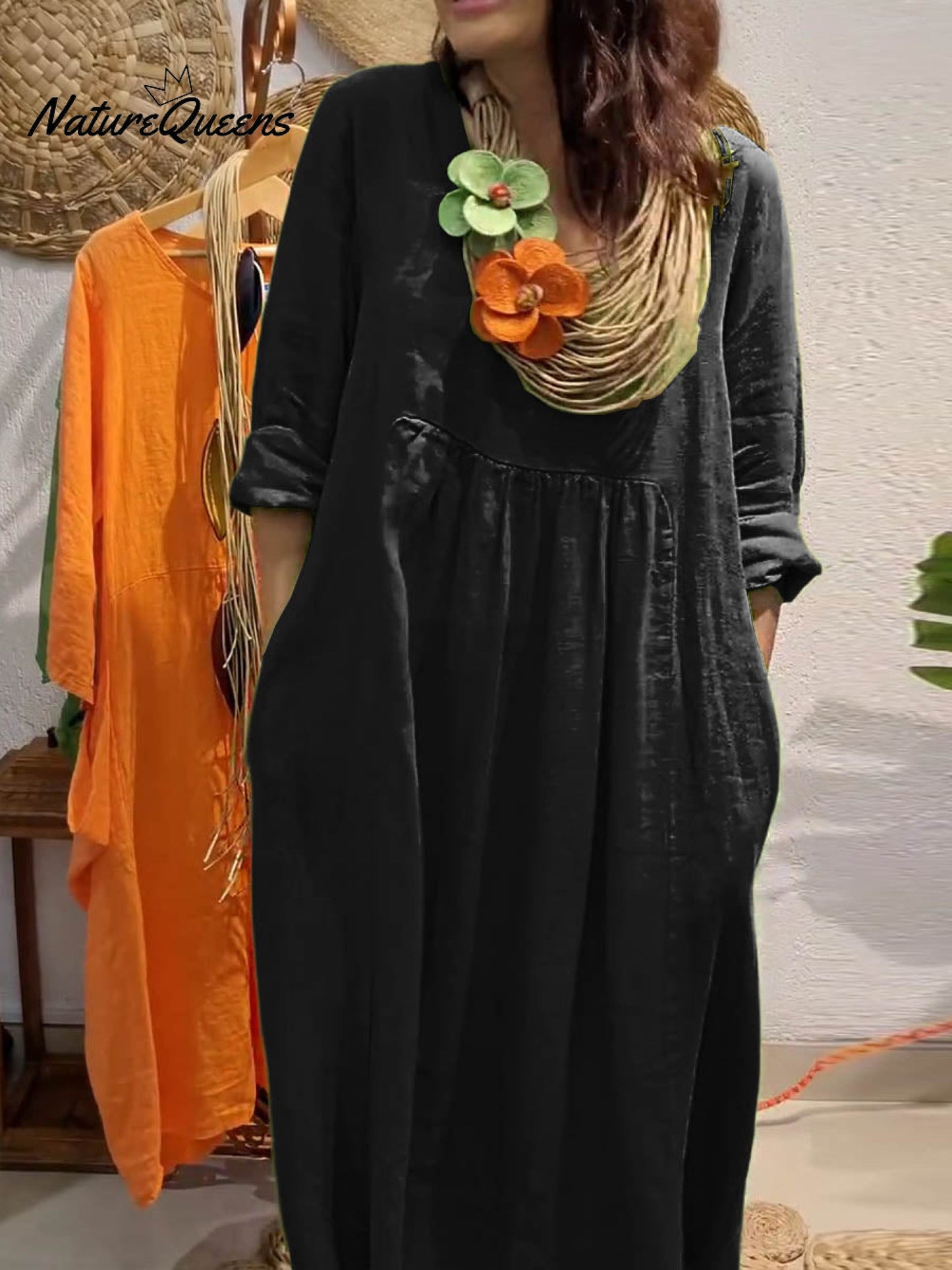 Elegante Kleider Damen | Langes Baumwoll-Leinen Kleid mit V-Ausschnitt | Bequeme Silhouette für Stil und Komfort 6