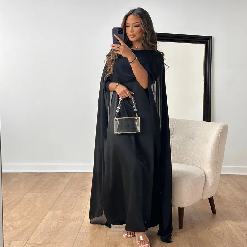 Amira — Airy Satin-Look Cape Maxi Dress