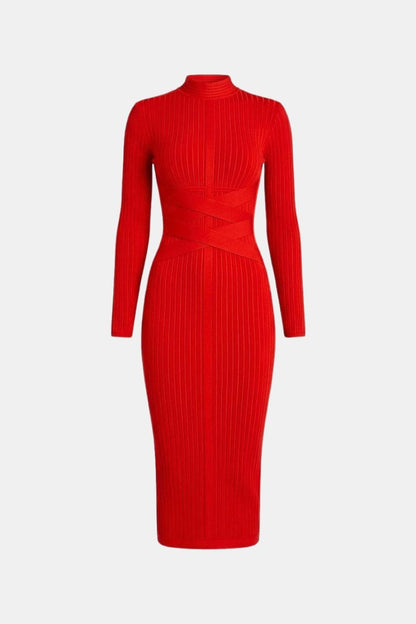 Elina - Stand Collar Elegant Midi Dress