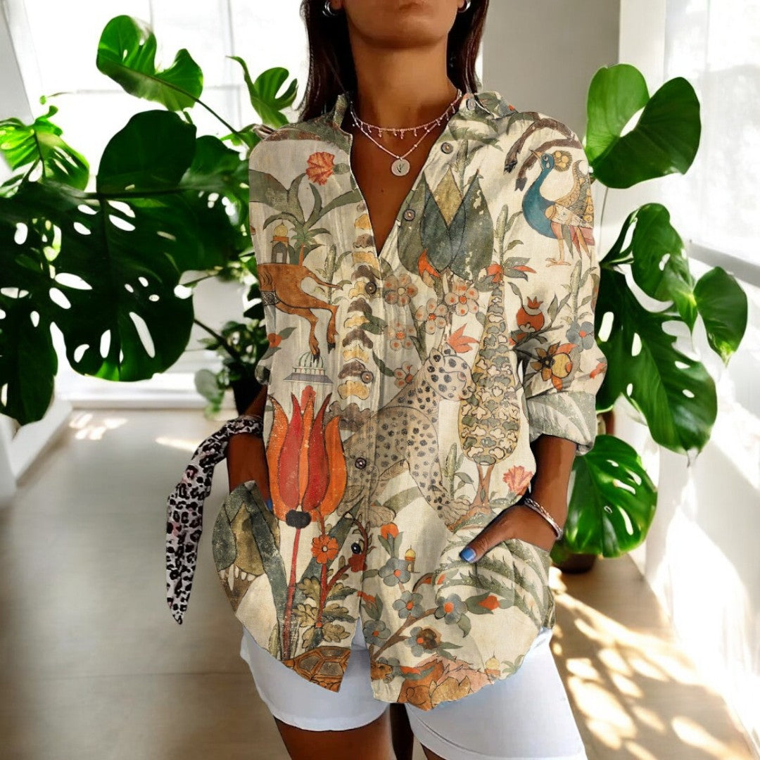 Florale Elegance: Langærmet Bluse med Vintage Print