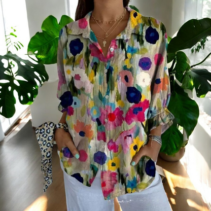 Florale Elegance: Langærmet Bluse med Vintage Print