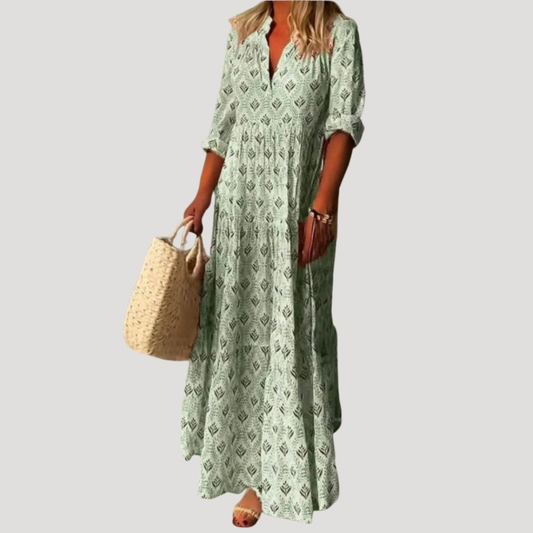 Elise | Women Beach Maxi Dress V-Neck 3/4 Sleeves All-Over Print Tiered Skirt