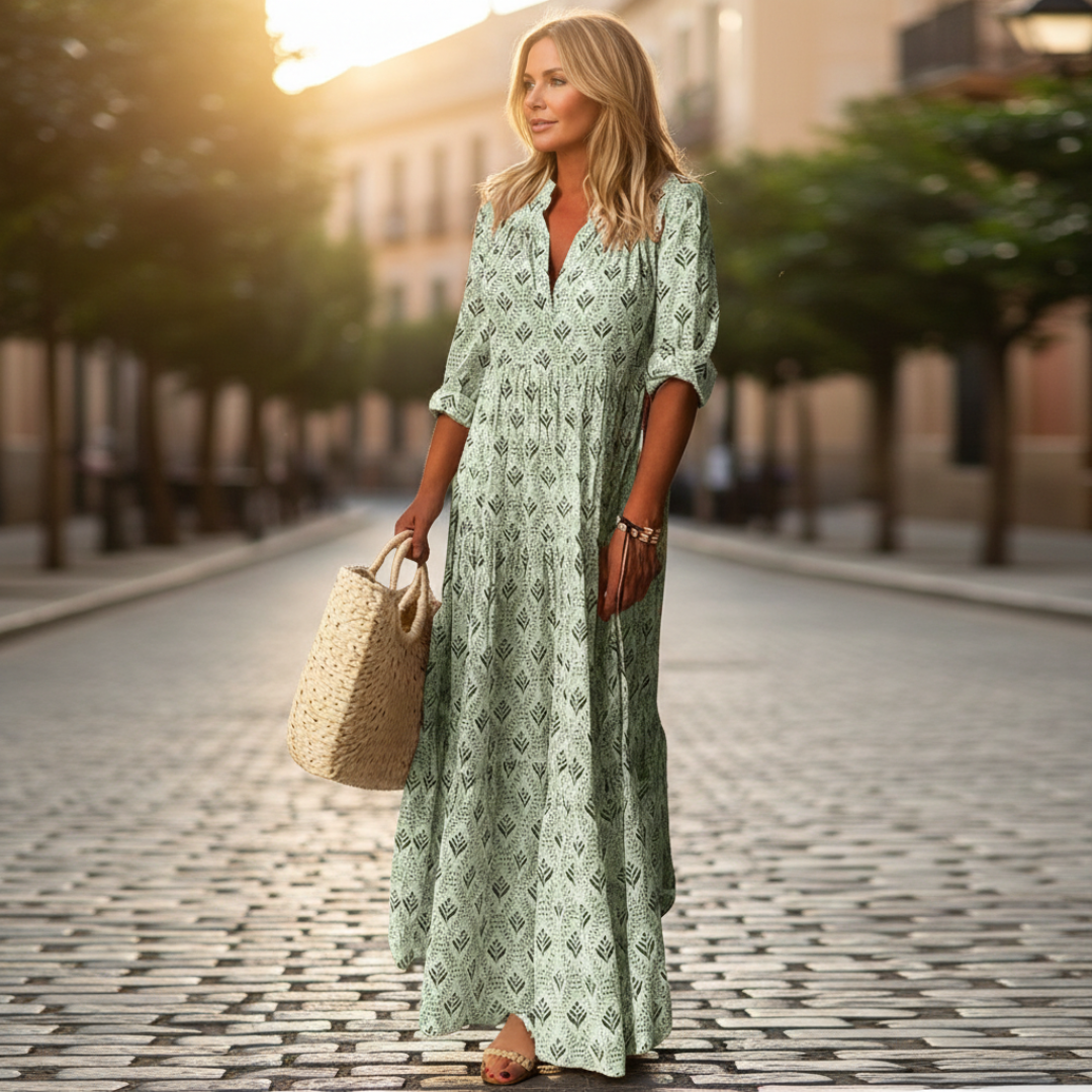Elise | Women Beach Maxi Dress V-Neck 3/4 Sleeves All-Over Print Tiered Skirt
