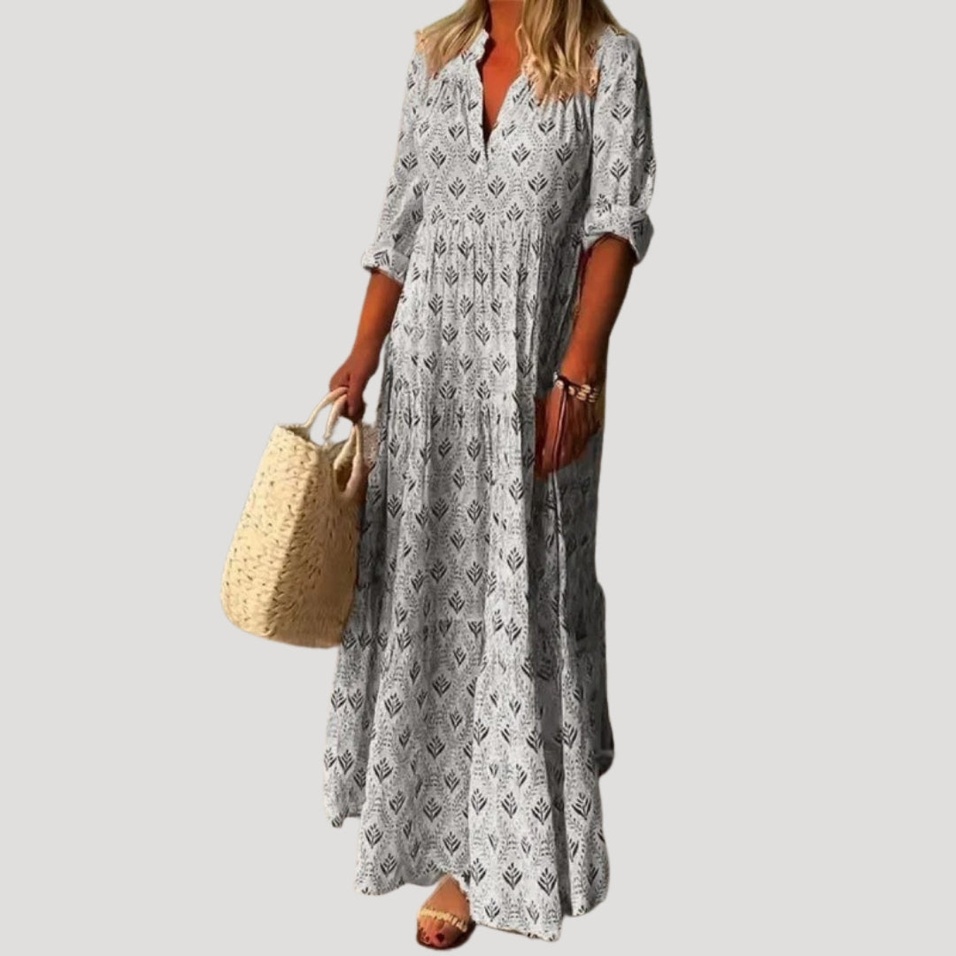 Elise | Women Beach Maxi Dress V-Neck 3/4 Sleeves All-Over Print Tiered Skirt
