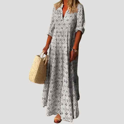 Elise | Women Beach Maxi Dress V-Neck 3/4 Sleeves All-Over Print Tiered Skirt
