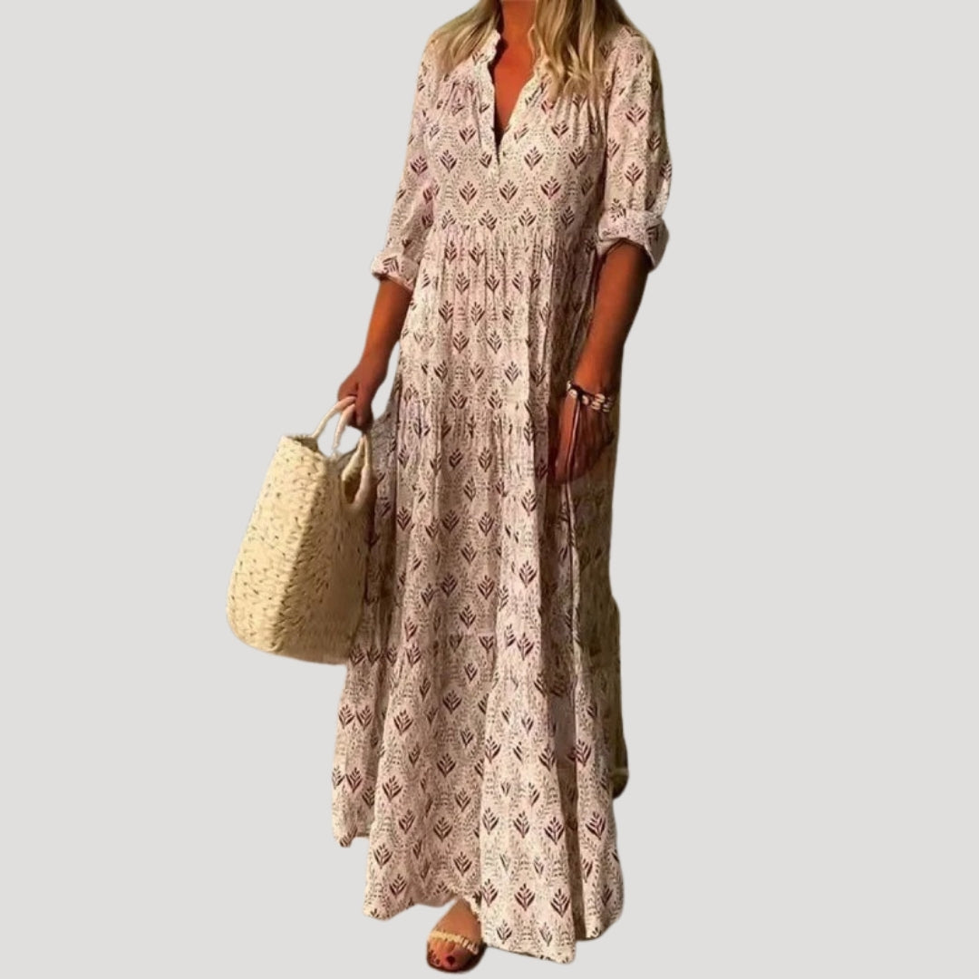 Elise | Women Beach Maxi Dress V-Neck 3/4 Sleeves All-Over Print Tiered Skirt