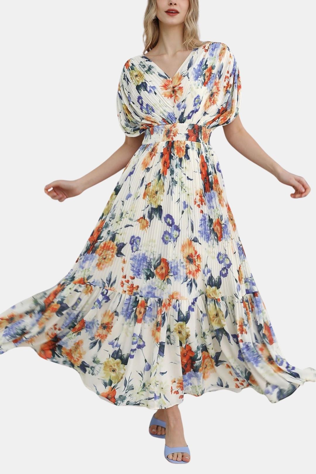 Eliza - Pleated Chiffon Floral Blossom Long Dress