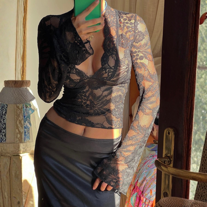 Ella | Women Lace Top Deep V Neck Long Sleeve Sheer Lace Scalloped Edge Flared Cuffs