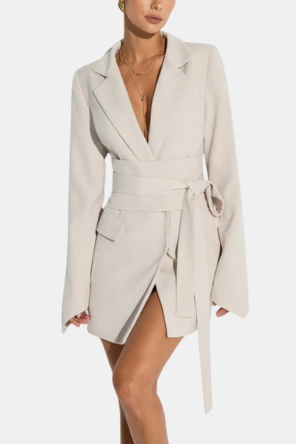 Elvara – Double-Breasted Belted Blazer in Apricot