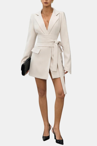 Elvara – Double-Breasted Belted Blazer in Apricot