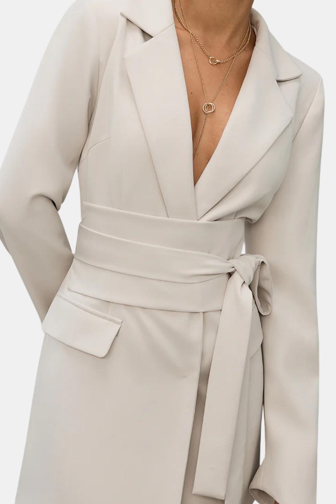 Elvara – Double-Breasted Belted Blazer in Apricot