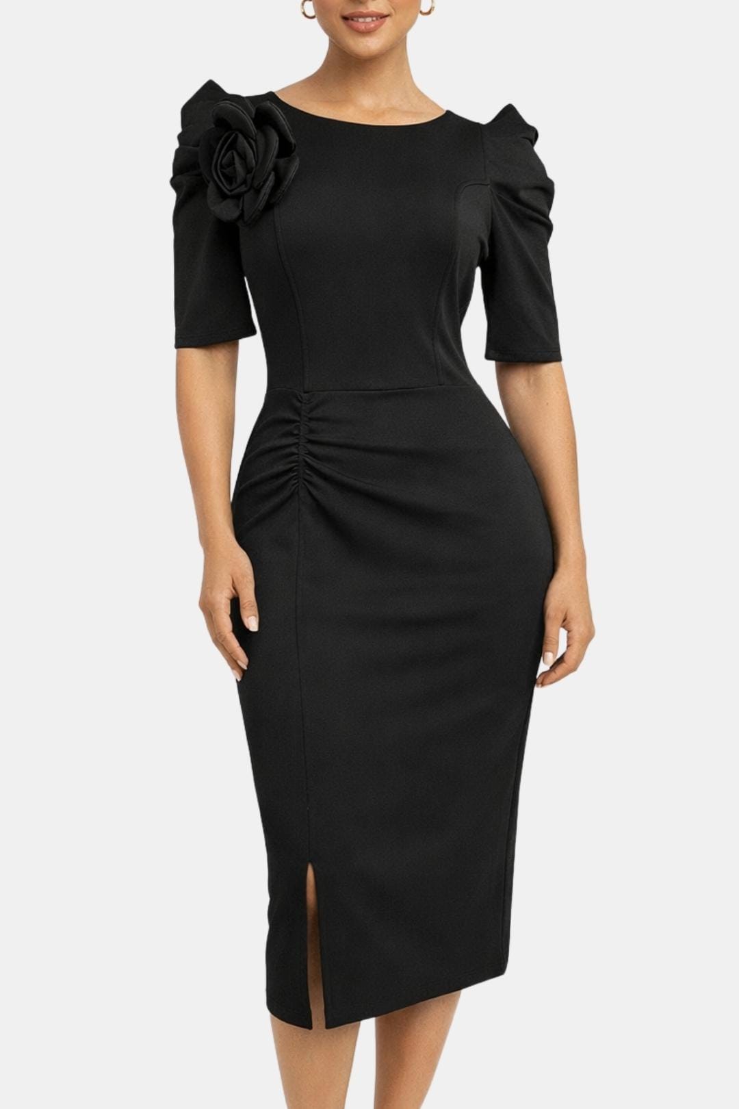 Elysia - 3D Floral Puff Sleeve Ruched Slit Bodycon Dress