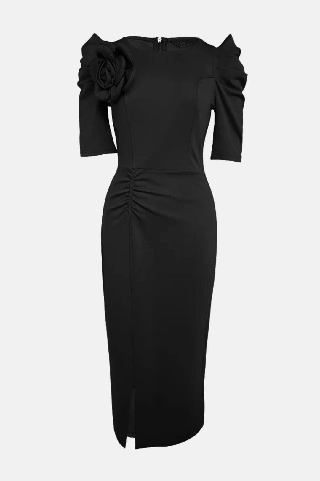 Elysia - 3D Floral Puff Sleeve Ruched Slit Bodycon Dress