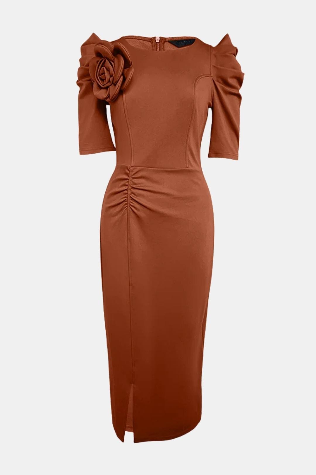 Elysia - 3D Floral Puff Sleeve Ruched Slit Bodycon Dress