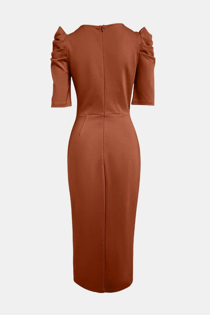 Elysia - 3D Floral Puff Sleeve Ruched Slit Bodycon Dress