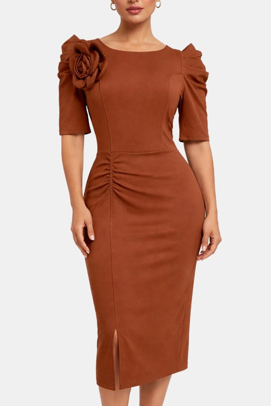 Elysia - 3D Floral Puff Sleeve Ruched Slit Bodycon Dress