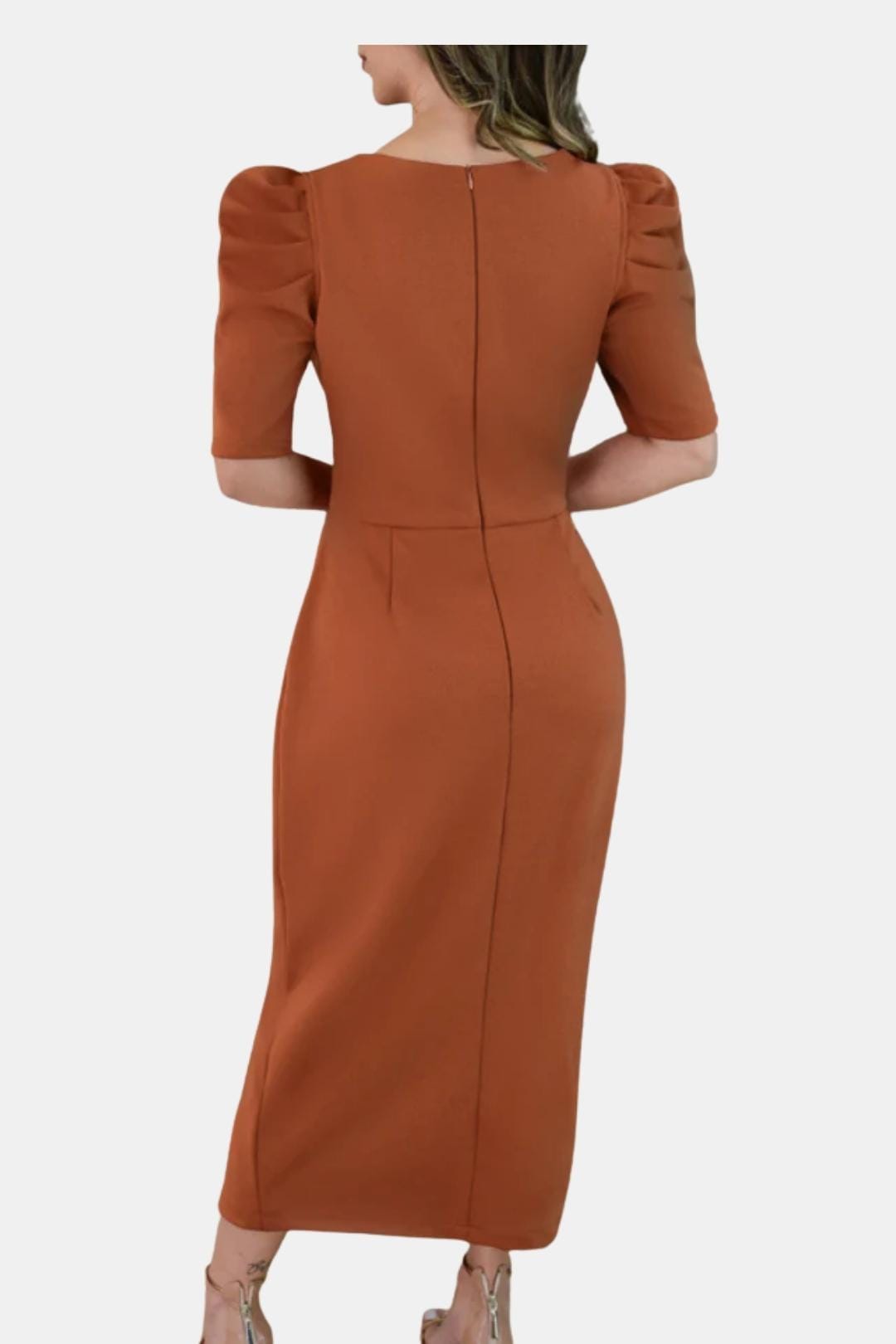 Elysia - 3D Floral Puff Sleeve Ruched Slit Bodycon Dress
