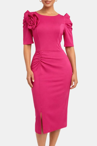 Elysia - 3D Floral Puff Sleeve Ruched Slit Bodycon Dress