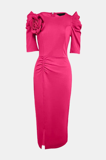 Elysia - 3D Floral Puff Sleeve Ruched Slit Bodycon Dress