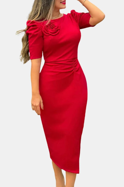 Elysia - 3D Floral Puff Sleeve Ruched Slit Bodycon Dress