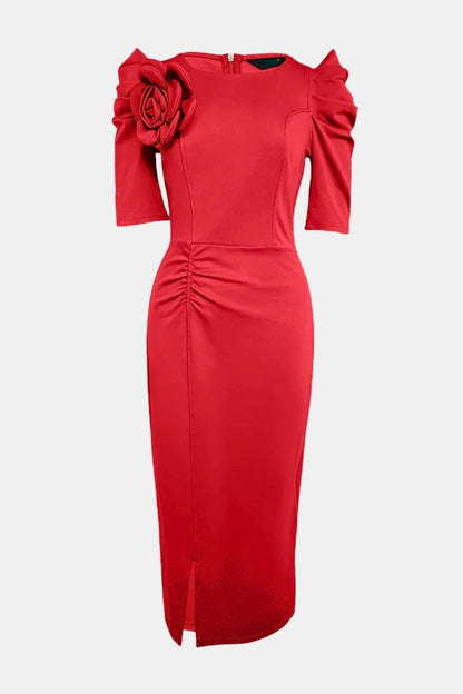 Elysia - 3D Floral Puff Sleeve Ruched Slit Bodycon Dress