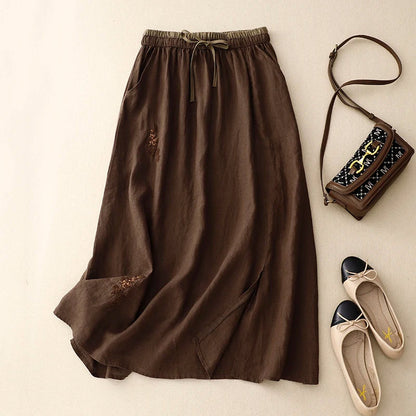 Light blue linen skirt with a relaxed fit and a flowy style, perfect for casual summer outings. 1
