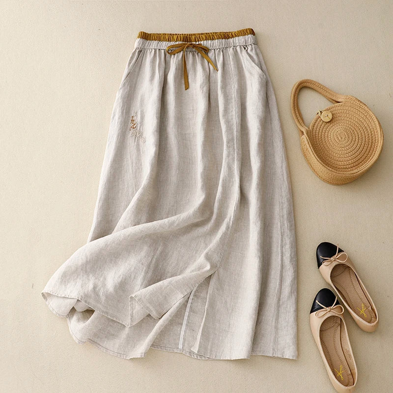 Light blue linen skirt with a relaxed fit and a flowy style, perfect for casual summer outings. 2