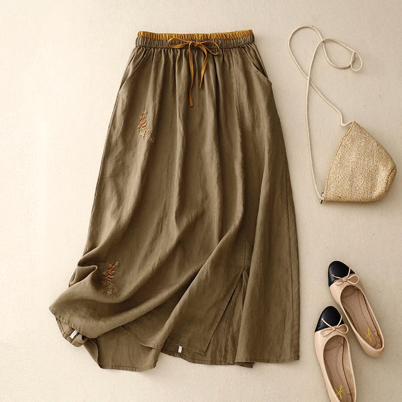 Light blue linen skirt with a relaxed fit and a flowy style, perfect for casual summer outings. 3