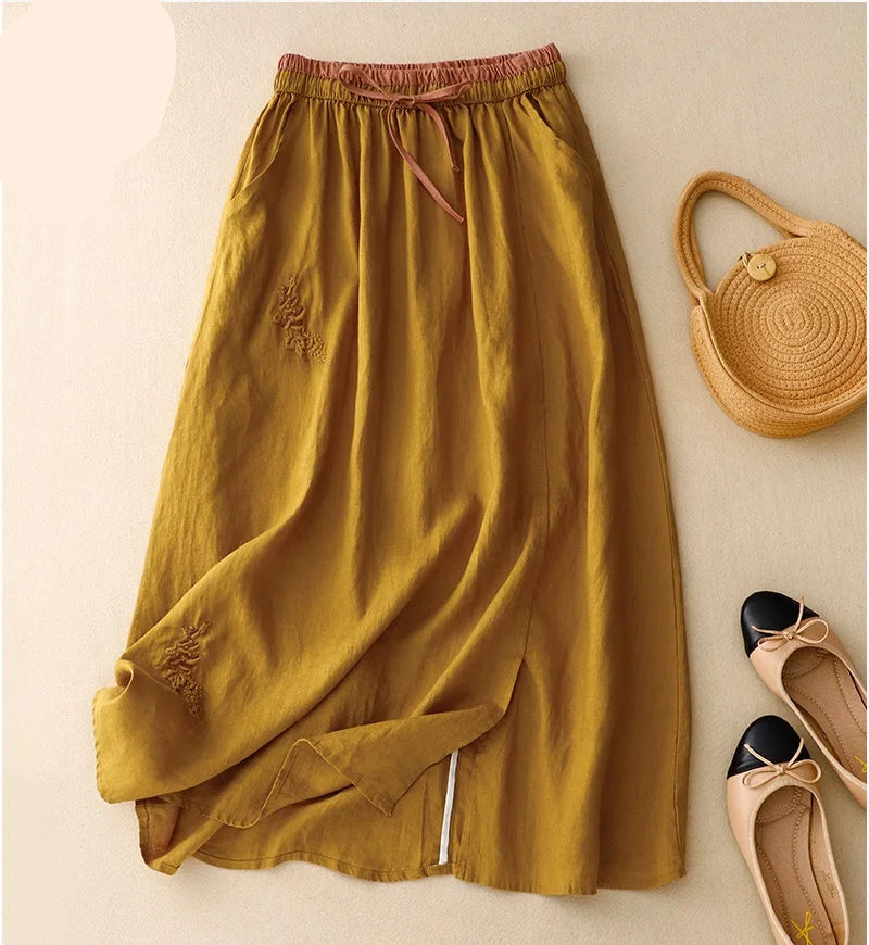Light blue linen skirt with a relaxed fit and a flowy style, perfect for casual summer outings. 4