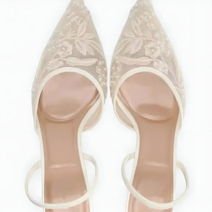 Embroidered Mesh Slingback Heels with Pointed Toe