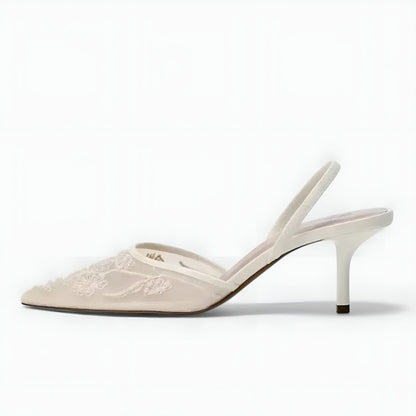 Embroidered Mesh Slingback Heels with Pointed Toe
