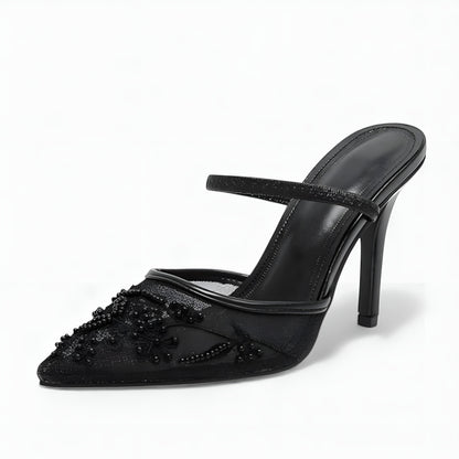 Embroidered Mesh Slingback Heels with Pointed Toe