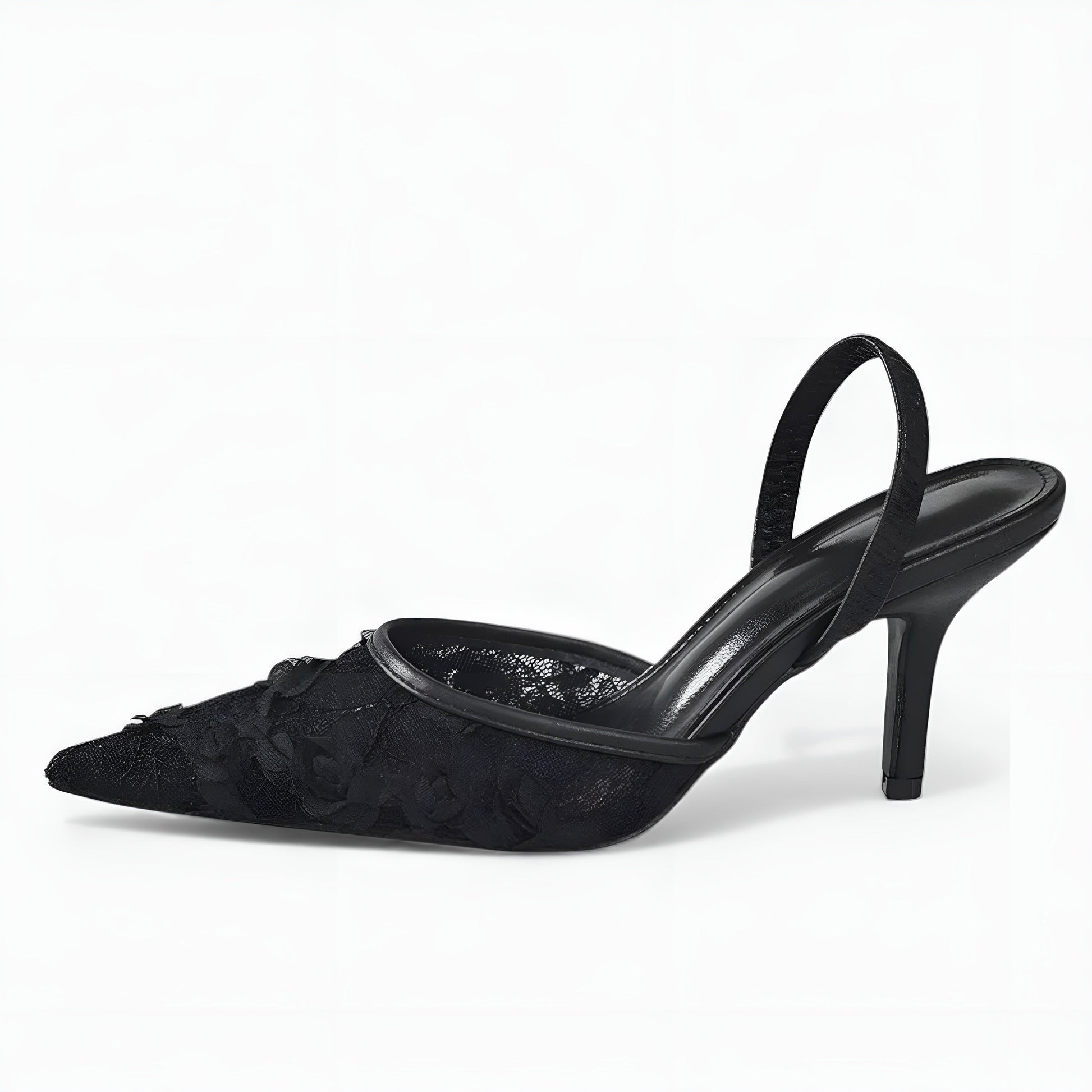 Embroidered Mesh Slingback Heels with Pointed Toe