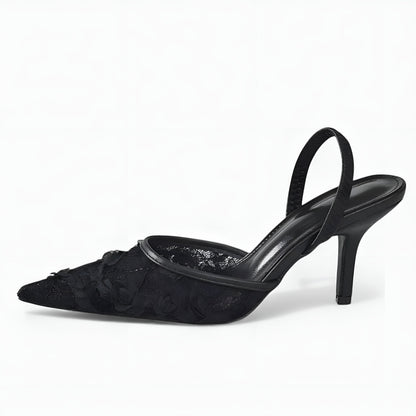 Embroidered Mesh Slingback Heels with Pointed Toe