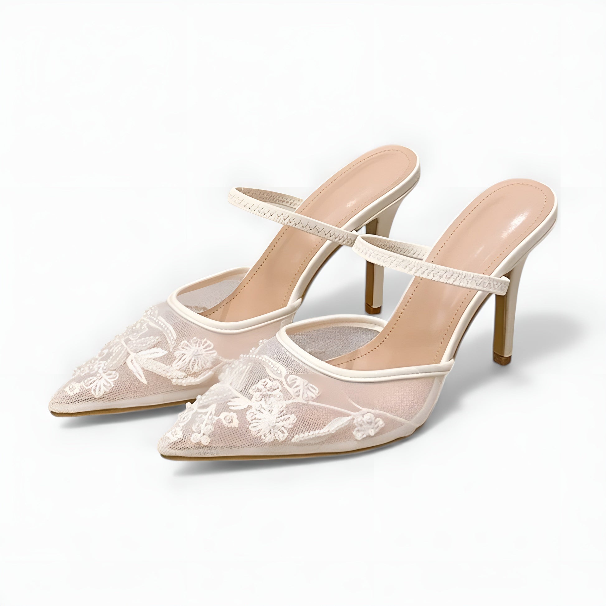 Embroidered Mesh Slingback Heels with Pointed Toe