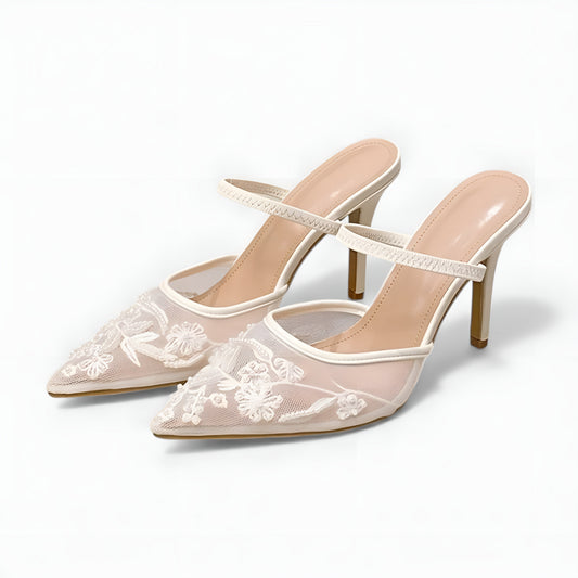 Embroidered Mesh Slingback Heels with Pointed Toe